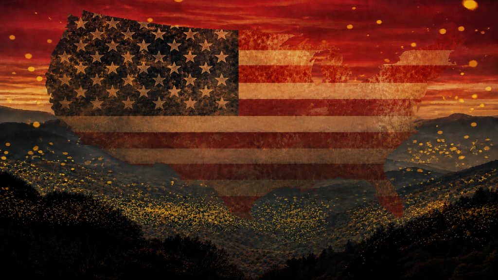 Our America Our Stories — American landscape with fireflies dissolving into a flag